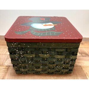 Hand-Painted Snowman Basket With Lid & Handle For Holiday Decor Leather Hinges